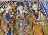 Anges musiciens, detail de l'initiale A[lleluya] c.1290, Flemish, Hainaut, Belgium